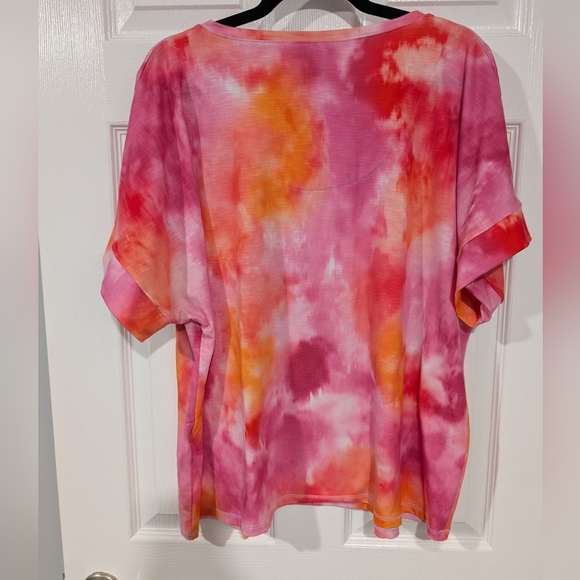 Chico's Pink and Orange Tie-Dye V-Neck Short Sleeve Shirt in Size 3 (XL) - Picture 6 of 7